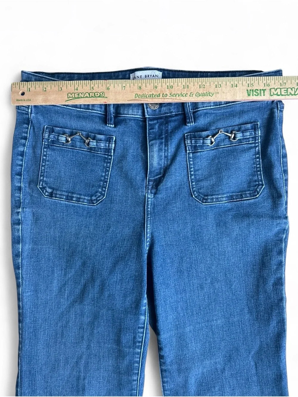 LANE BRYAN Blue Flare Jeans 14 Retro Vibe, Front Pockets W/Horsebit Detail
